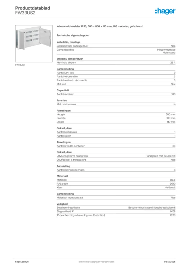 Afbeelding Hager Productdatablad FW33US2 | Hager Nederland