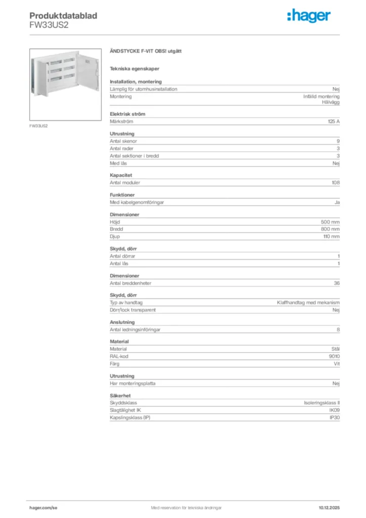 Bild Hager Produktdatablad FW33US2 | Hager Sverige