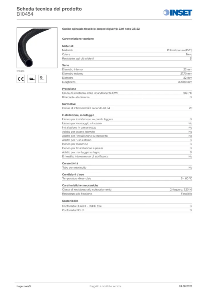 Immagine Inset Scheda tecnica del prodotto B10454 | Hager Italia