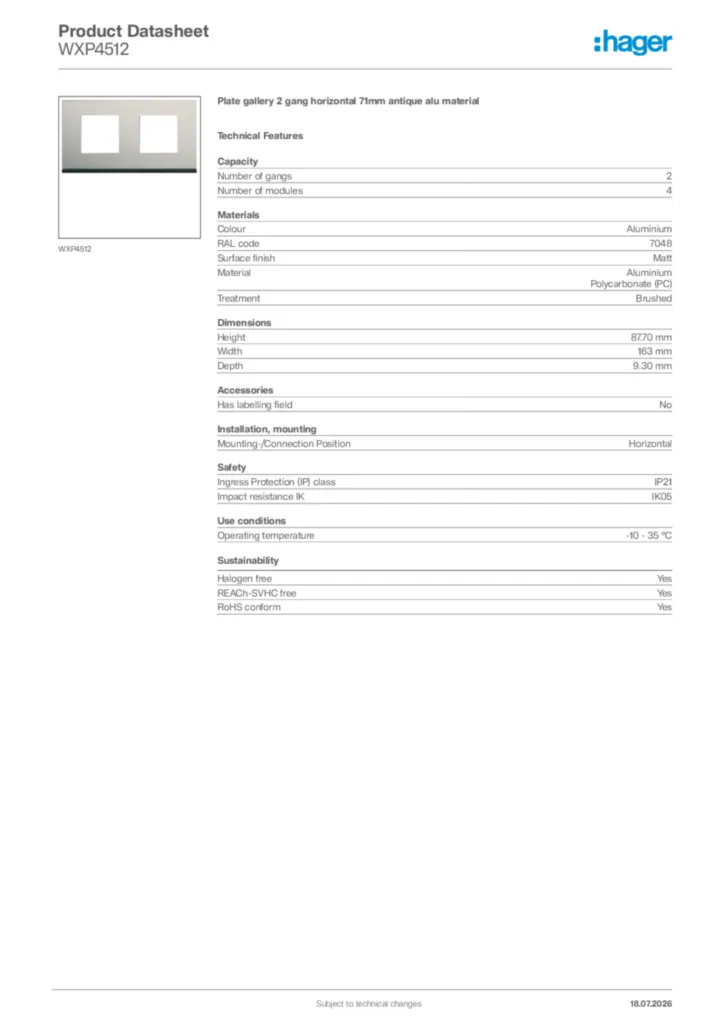 Image Hager Product data sheet WXP4512  | Hager Africa