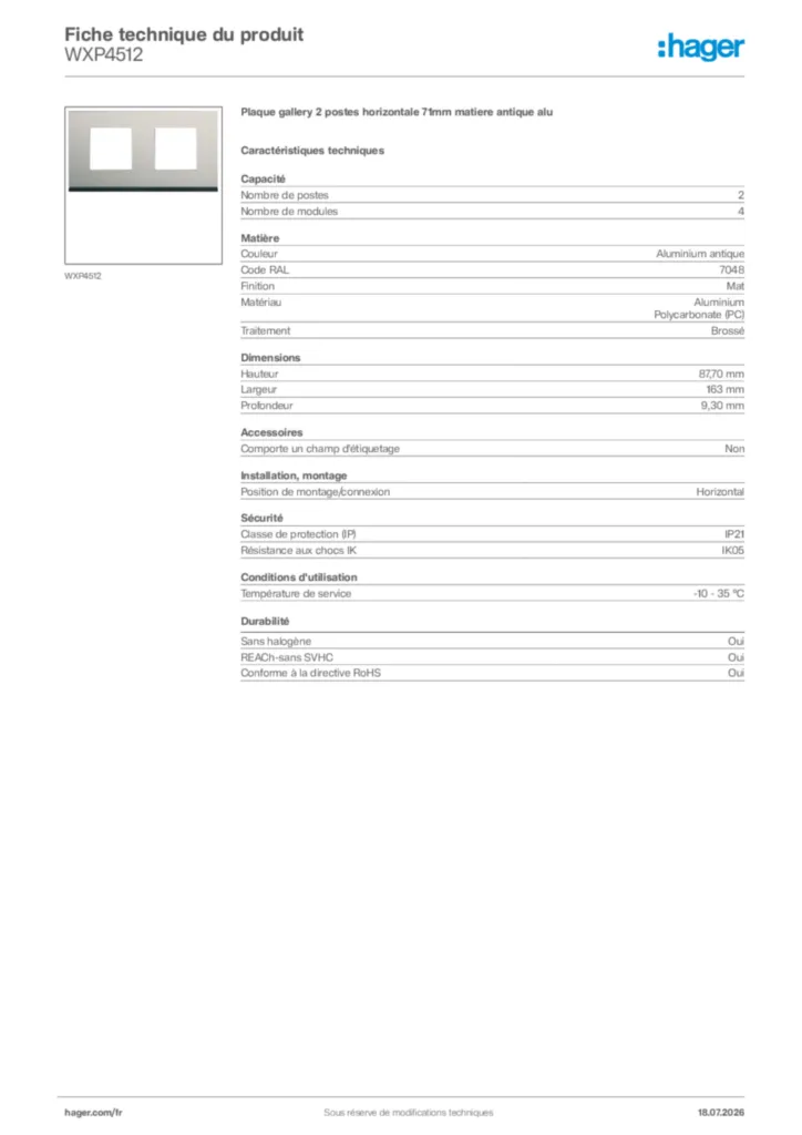 Image Hager Fiche technique du produit WXP4512 | Hager France