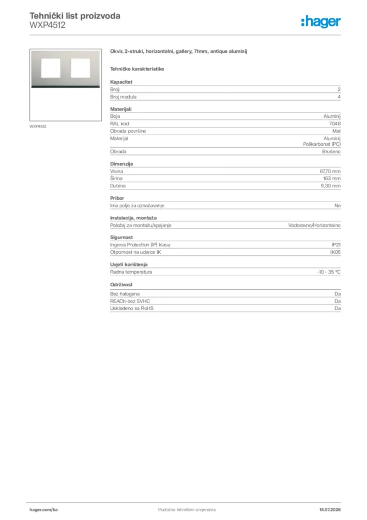 Slika Hager Tehnički list proizvoda WXP4512  | Hager