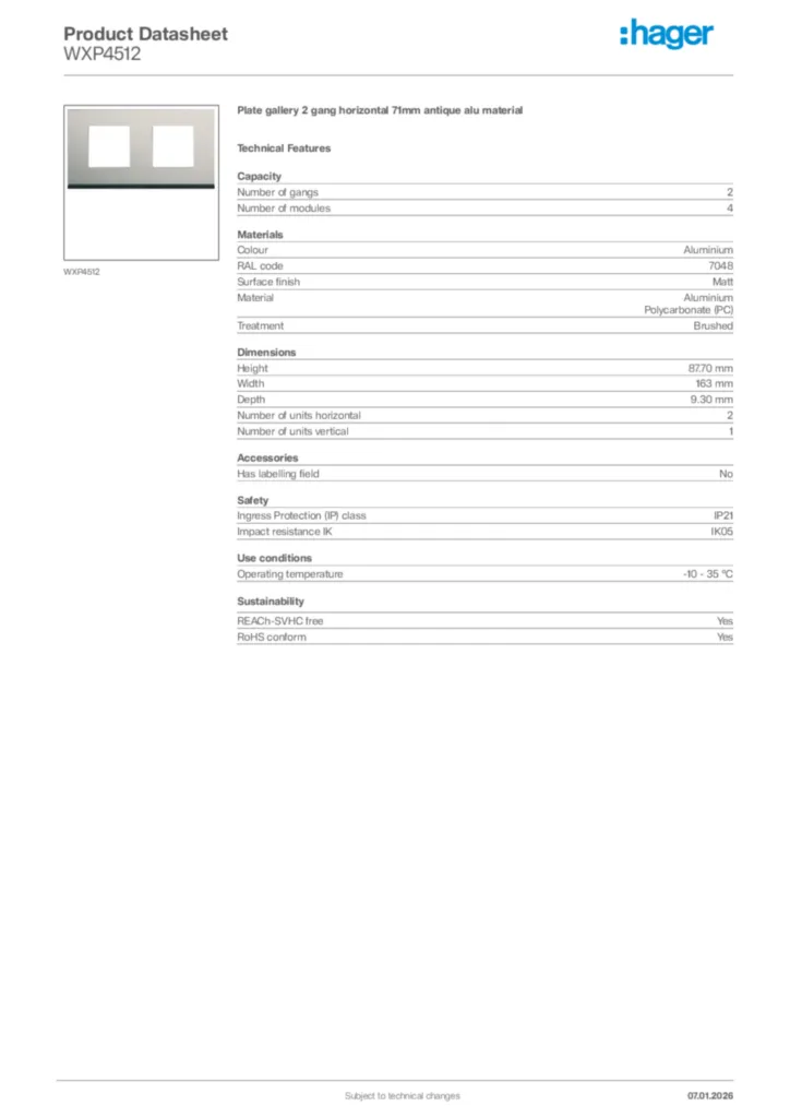 Image Hager Product data sheet WXP4512  | Hager