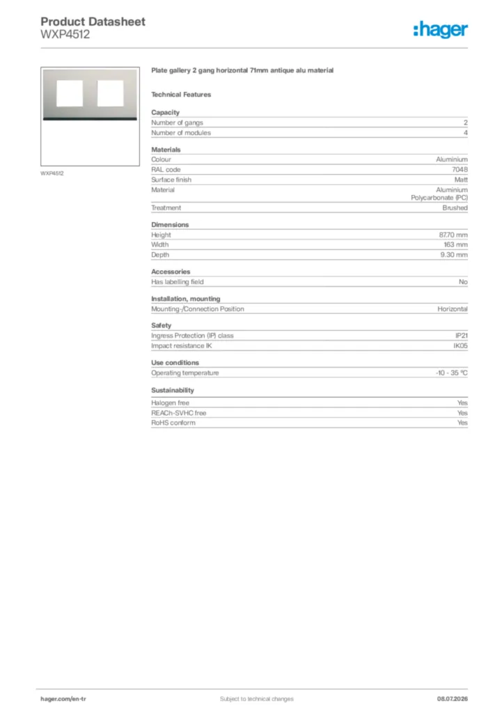 Image Hager Product data sheet WXP4512  | Hager