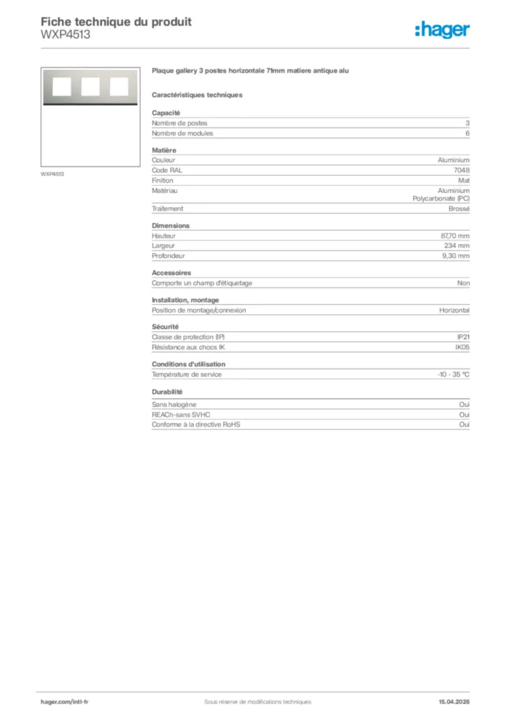 Image Hager Fiche technique du produit WXP4513 | Hager Afrique