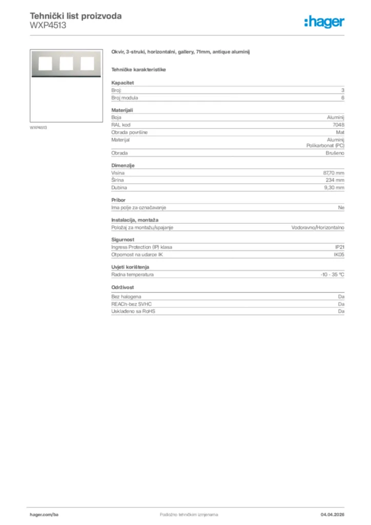Slika Hager Tehnički list proizvoda WXP4513  | Hager