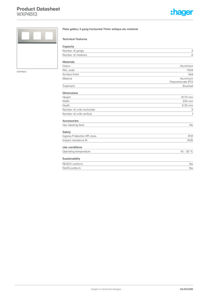 Image Hager Product data sheet WXP4513  | Hager