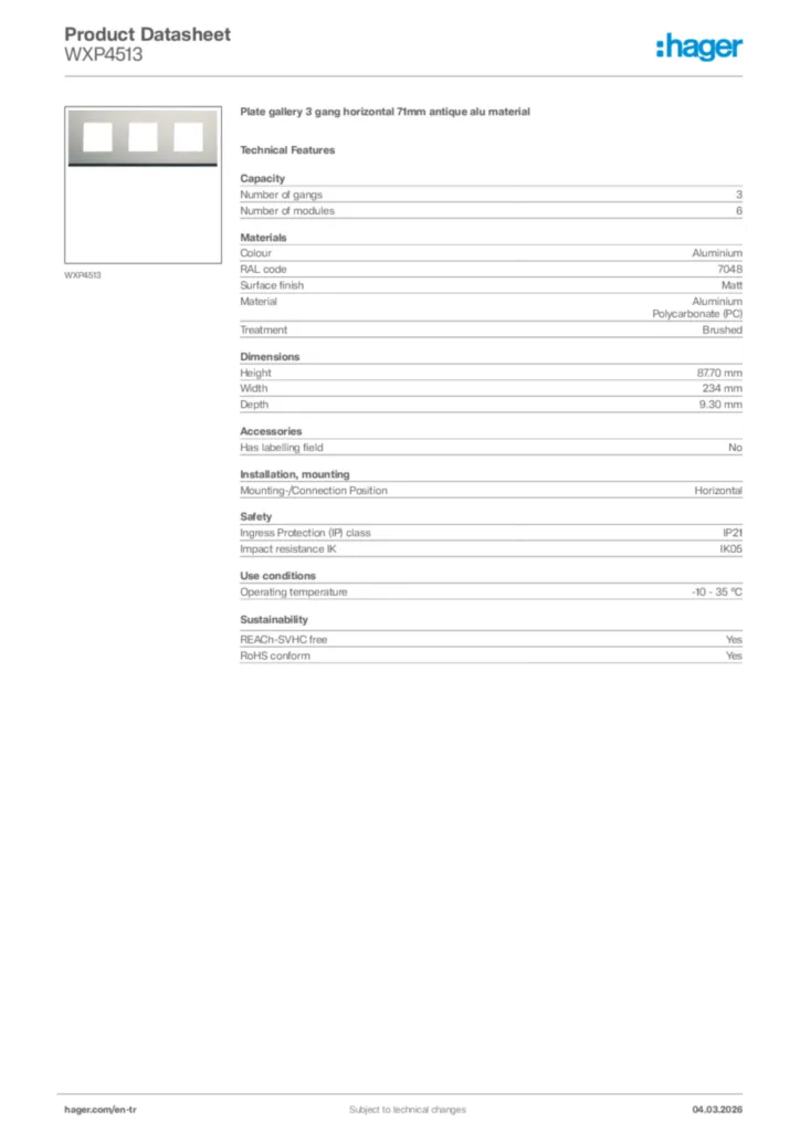 Image Hager Product data sheet WXP4513  | Hager