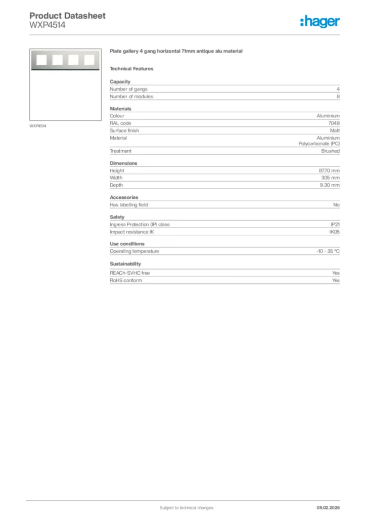 Image Hager Product data sheet WXP4514  | Hager Africa