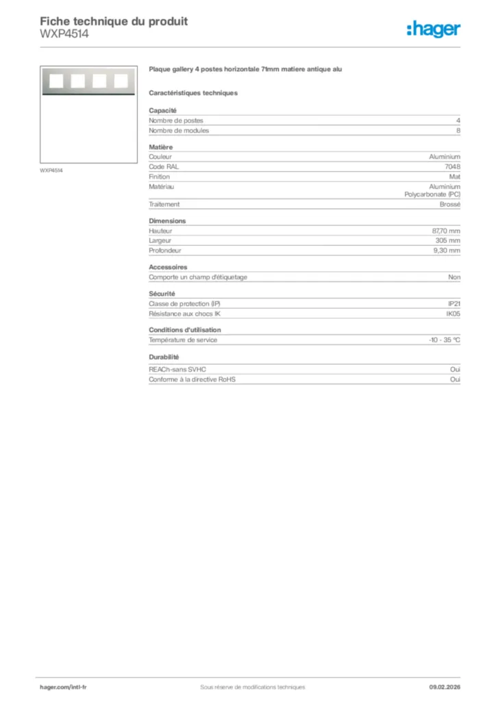 Image Hager Fiche technique du produit WXP4514 | Hager Afrique