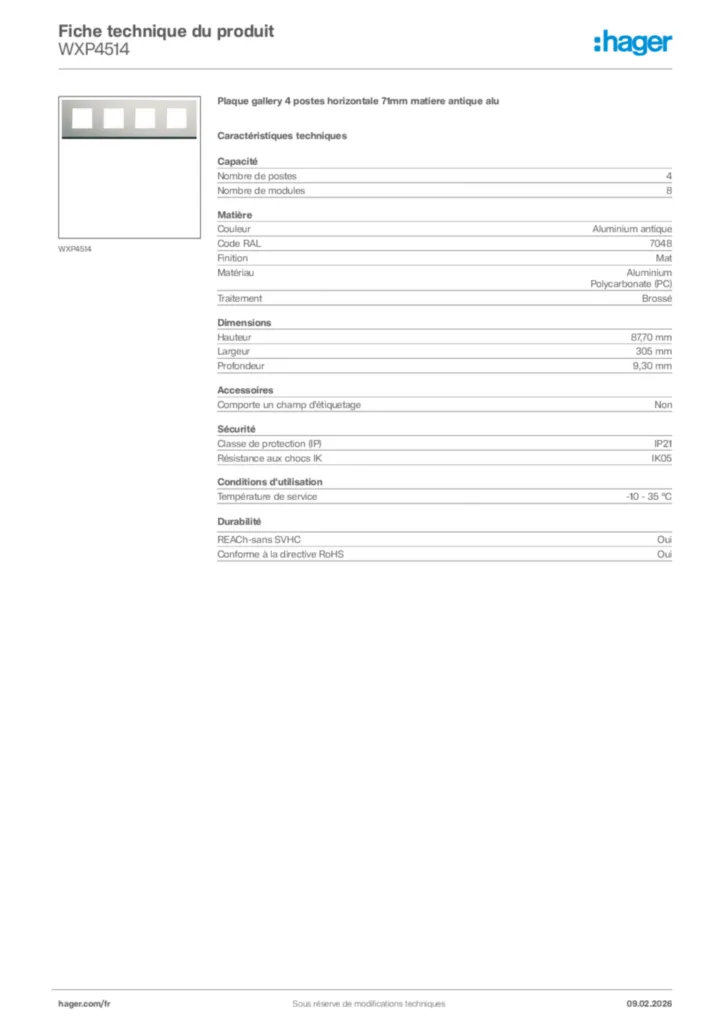 Image Hager Fiche technique du produit WXP4514 | Hager France
