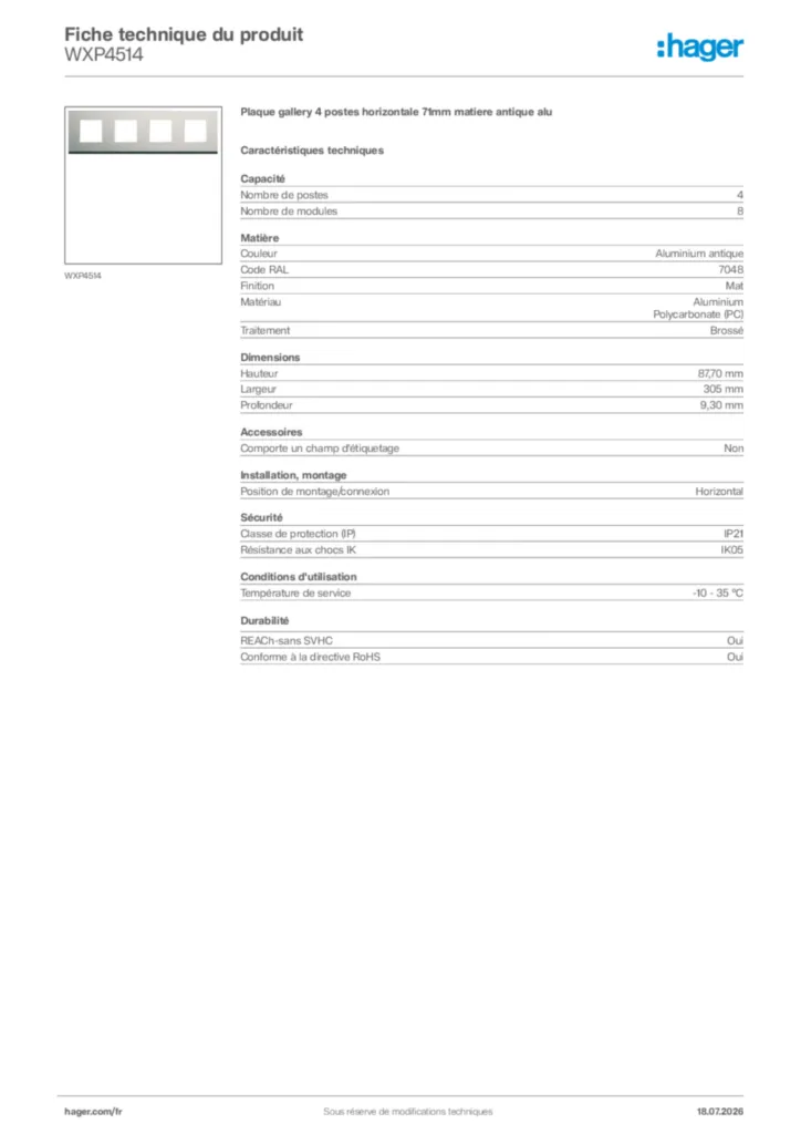 Image Hager Fiche technique du produit WXP4514 | Hager France