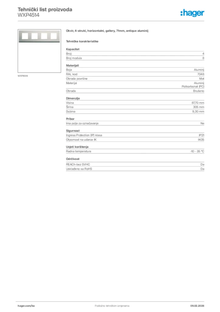 Slika Hager Tehnički list proizvoda WXP4514  | Hager