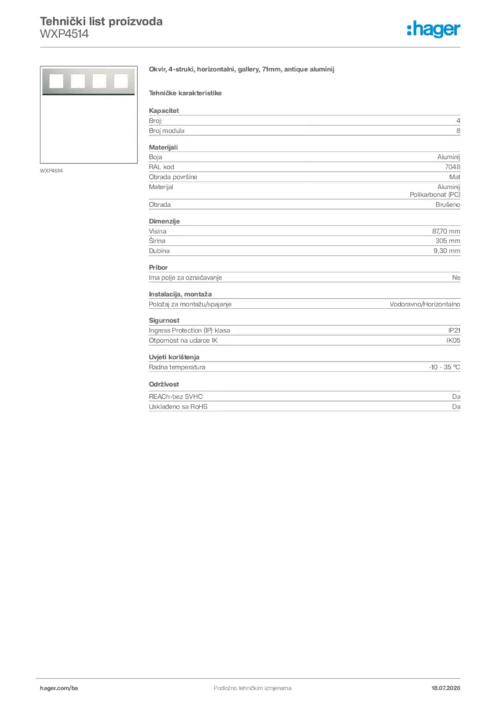 Slika Hager Tehnički list proizvoda WXP4514  | Hager