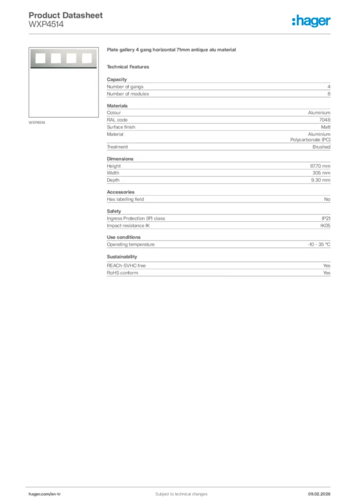 Image Hager Product data sheet WXP4514  | Hager