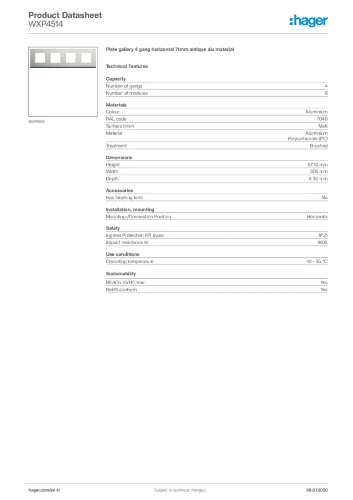Image Hager Product data sheet WXP4514  | Hager