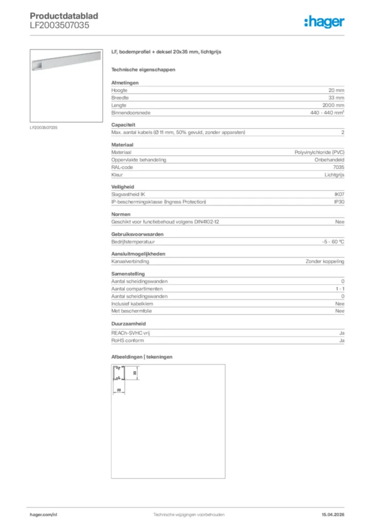 Afbeelding Hager Productdatablad LF2003507035 | Hager Nederland