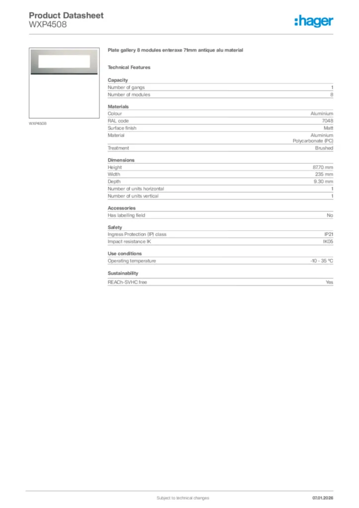 Image Hager Product data sheet WXP4508  | Hager Africa