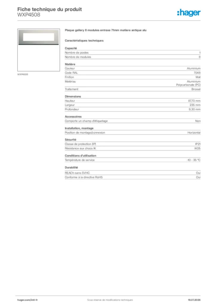 Image Hager Fiche technique du produit WXP4508 | Hager Afrique