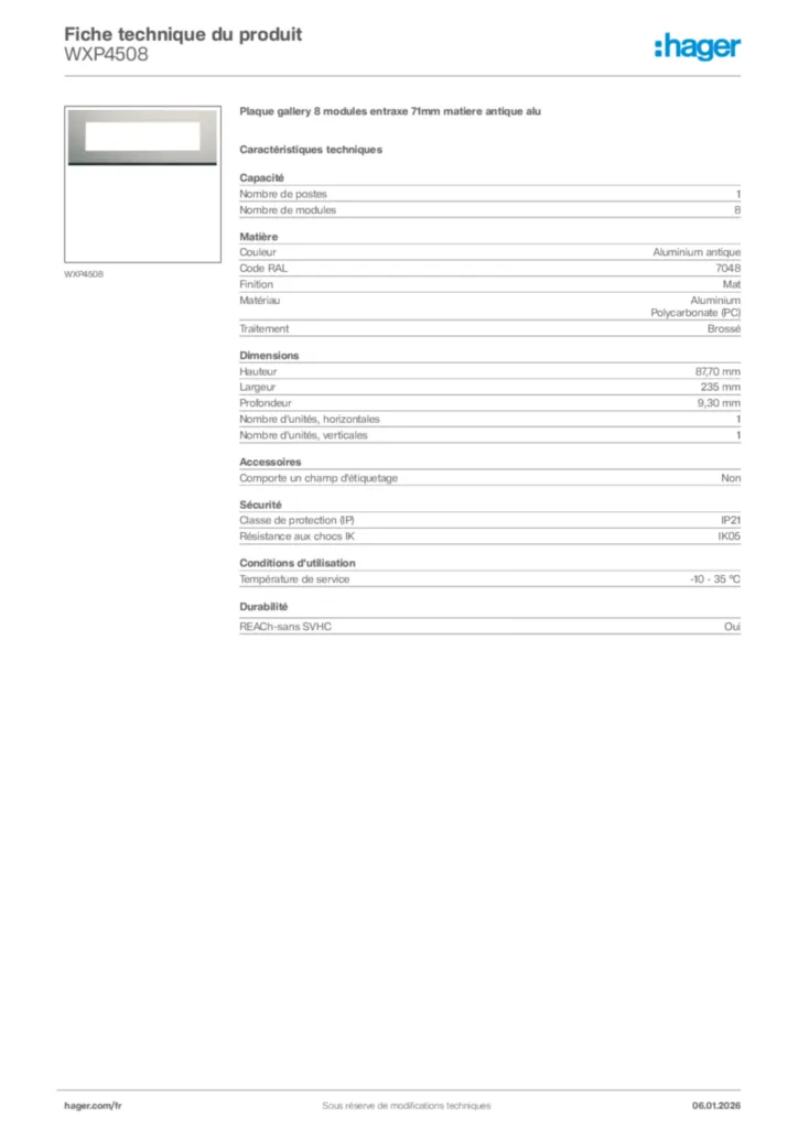 Image Hager Fiche technique du produit WXP4508 | Hager France