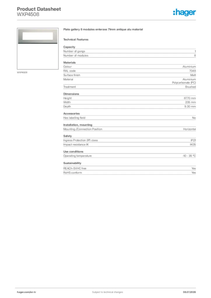 Image Hager Product data sheet WXP4508  | Hager