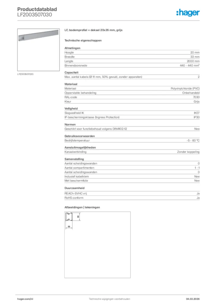 Afbeelding Hager Productdatablad LF2003507030 | Hager Nederland