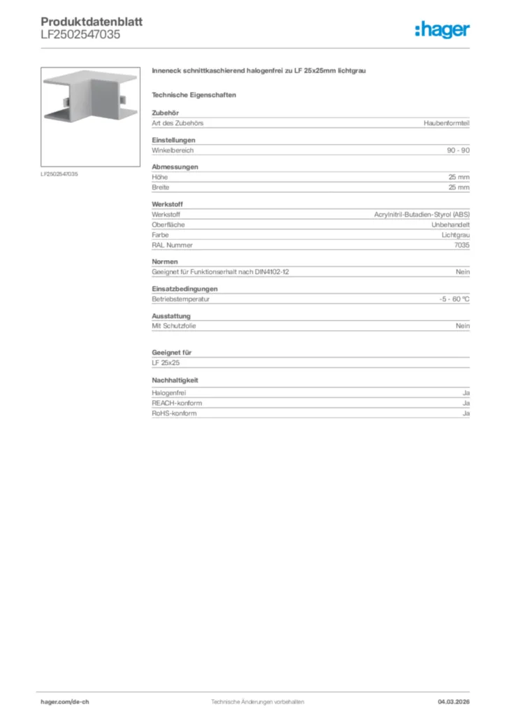 Bild Hager Produktdatenblatt LF2502547035 | Hager Schweiz