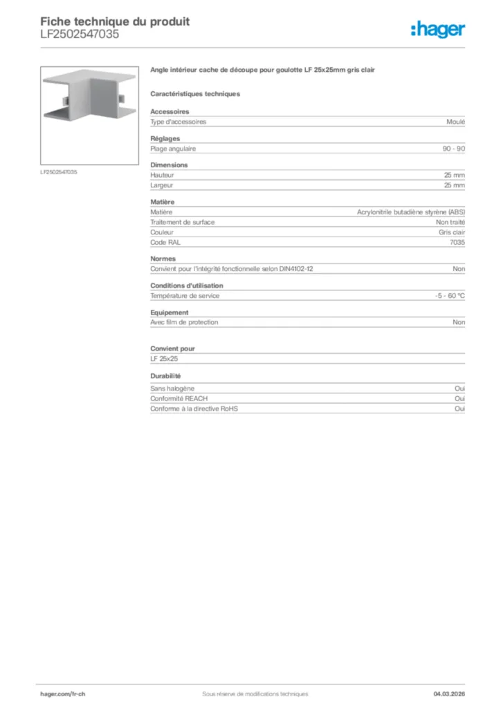 Image Hager Fiche technique du produit LF2502547035 | Hager Suisse