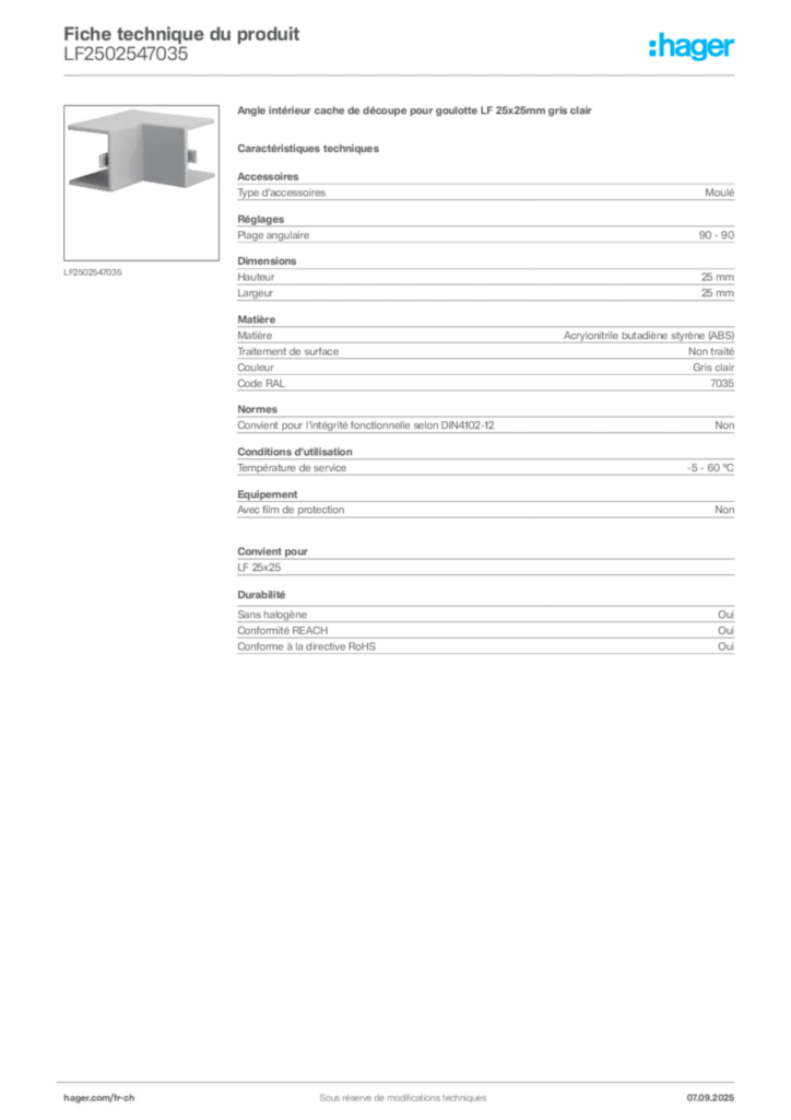 Image Hager Fiche technique du produit LF2502547035 | Hager Suisse
