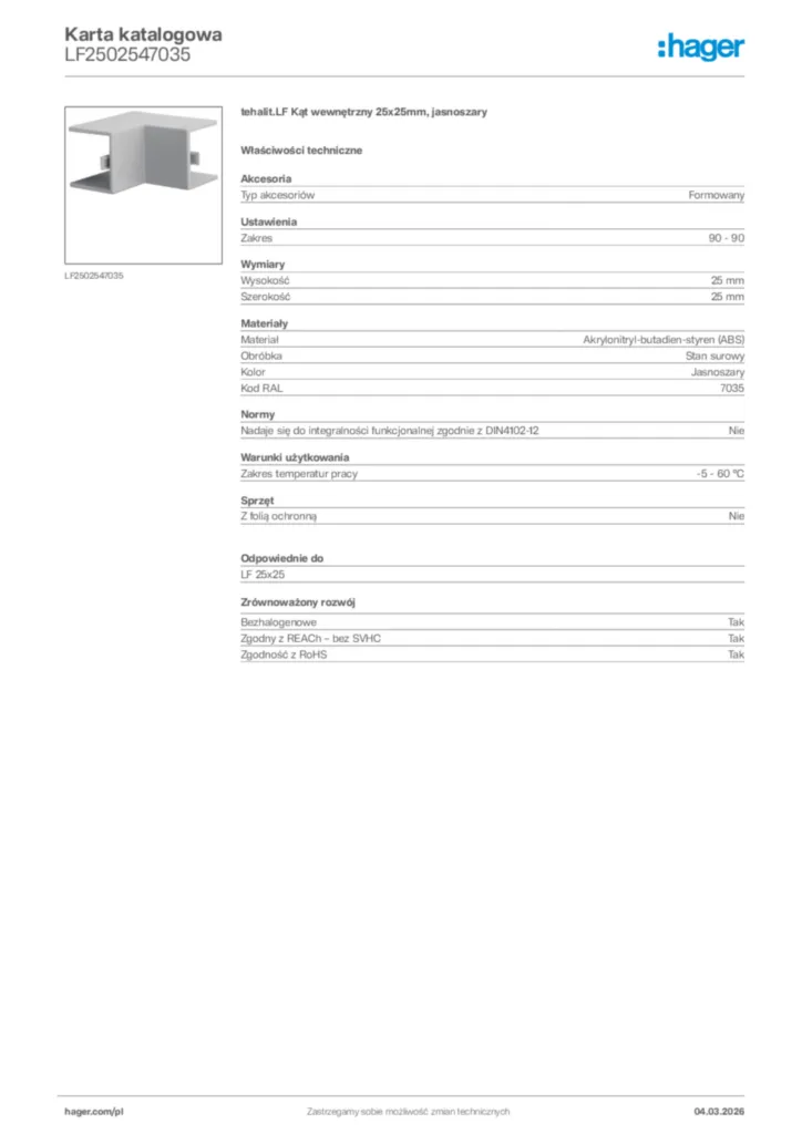 Zdjęcie Hager Karta katalogowa LF2502547035 | Hager Polska
