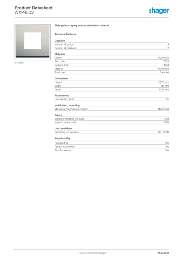 Image Hager Product data sheet WXP4502  | Hager Africa