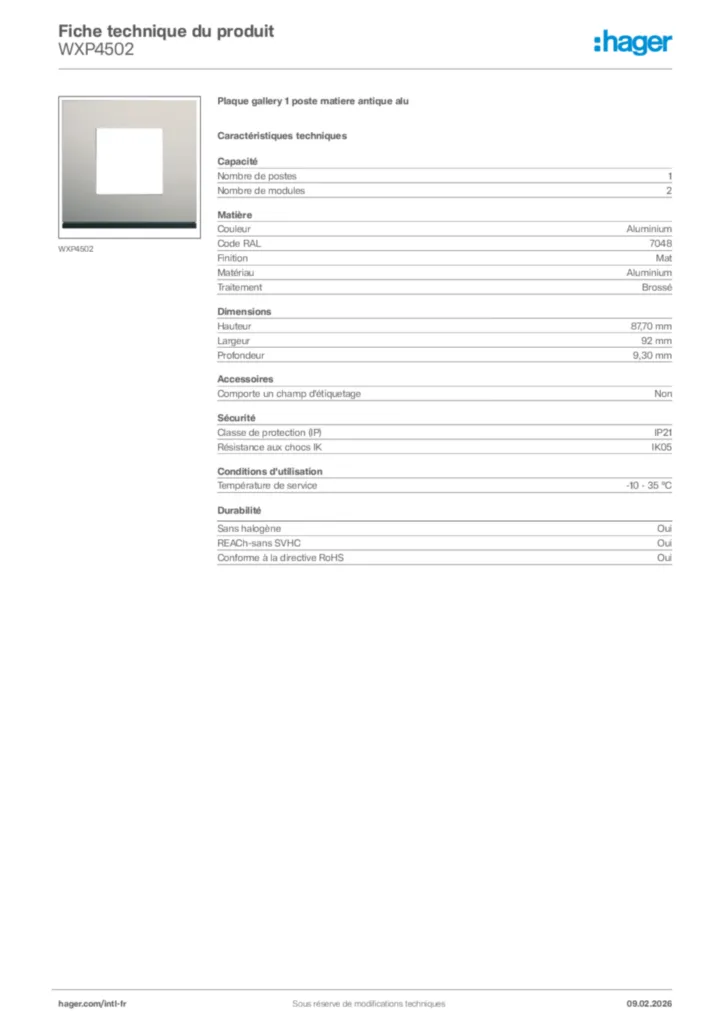 Image Hager Fiche technique du produit WXP4502 | Hager Afrique