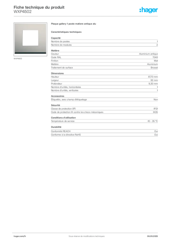 Image Hager Fiche technique du produit WXP4502 | Hager France