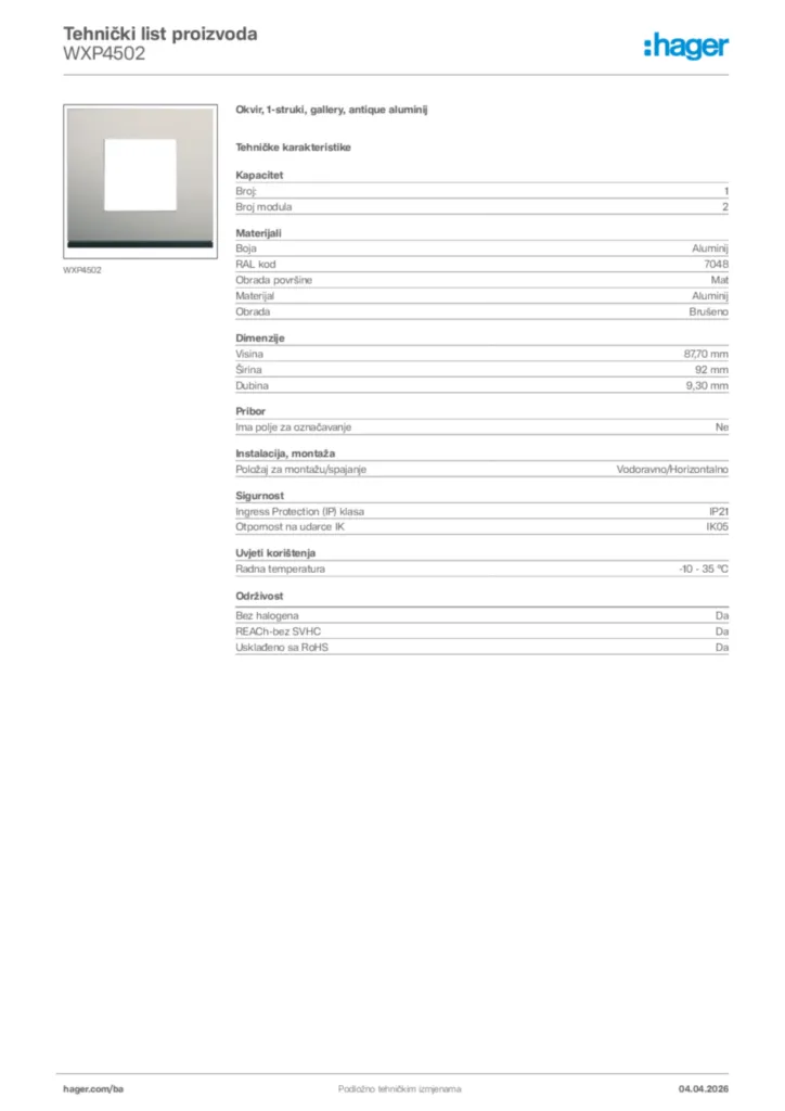 Slika Hager Tehnički list proizvoda WXP4502  | Hager
