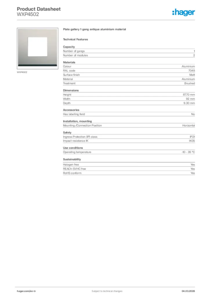 Image Hager Product data sheet WXP4502  | Hager