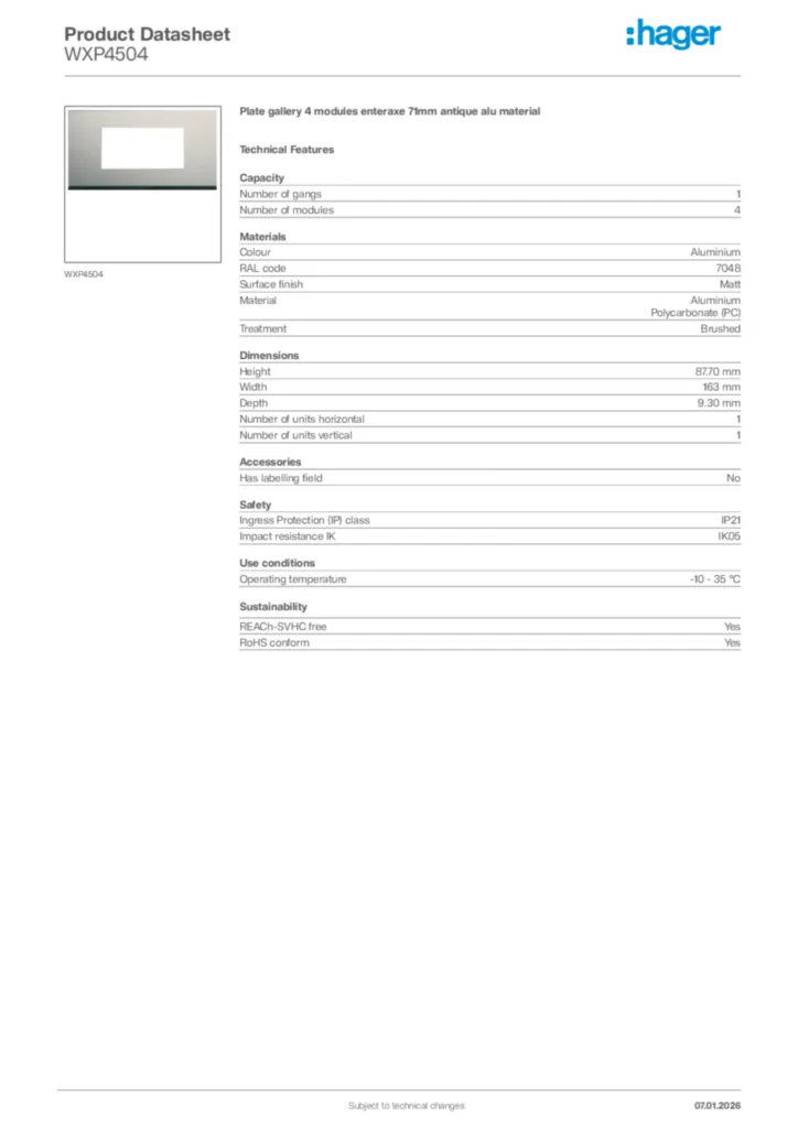 Image Hager Product data sheet WXP4504  | Hager Africa