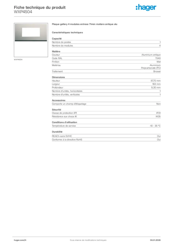 Image Hager Fiche technique du produit WXP4504 | Hager France