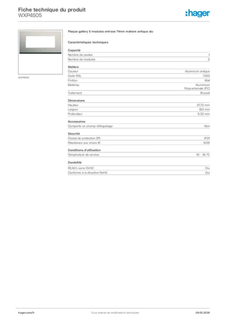Image Hager Fiche technique du produit WXP4505 | Hager France