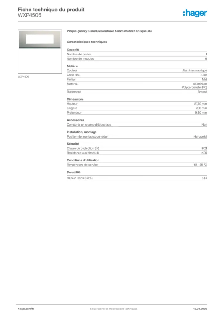 Image Hager Fiche technique du produit WXP4506 | Hager France