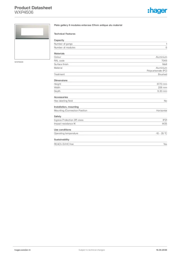 Image Hager Product data sheet WXP4506  | Hager