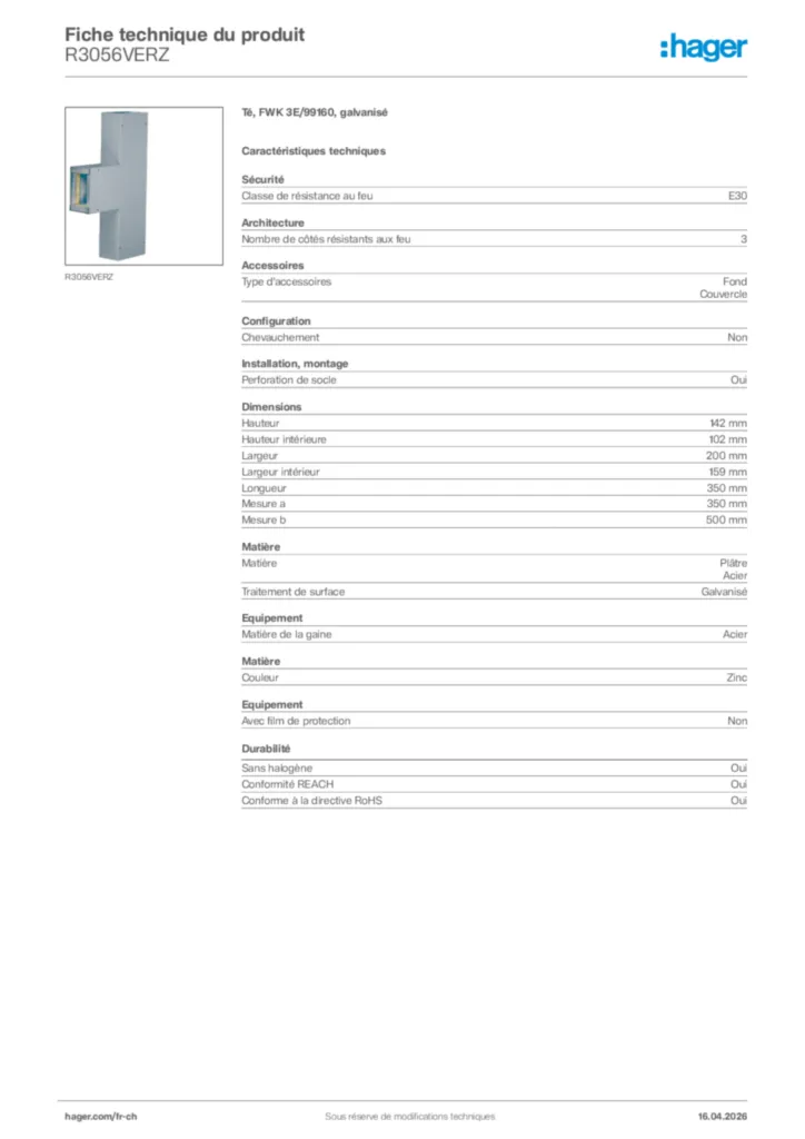 Image Hager Fiche technique du produit R3056VERZ | Hager Suisse