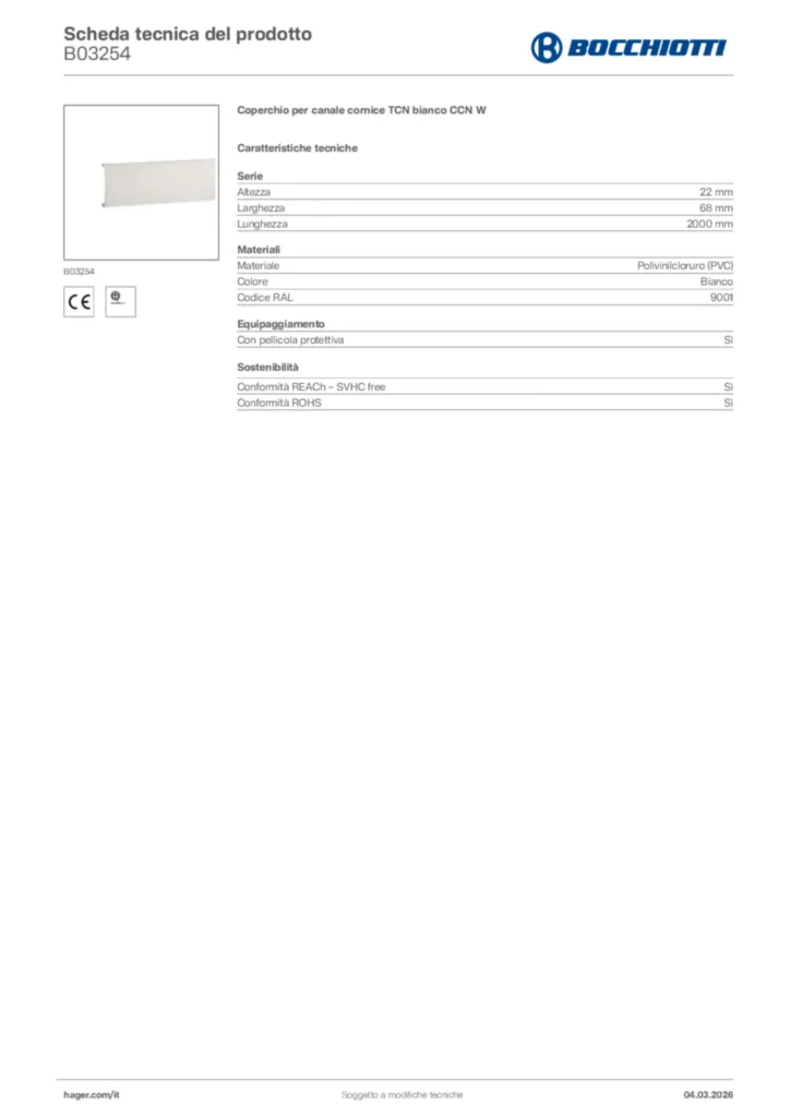 Immagine Bocchiotti Scheda tecnica del prodotto B03254 | Hager Italia