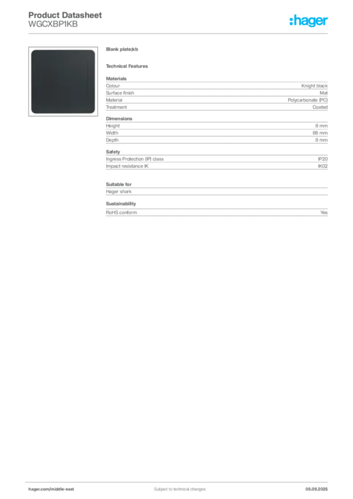 Image Hager Product data sheet WGCXBP1KB  | Hager
