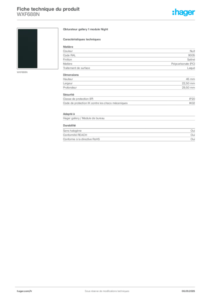 Image Hager Fiche technique du produit WXF688N | Hager France