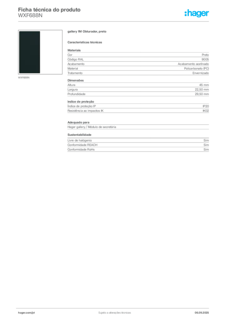 Imagem Hager Ficha técnica do produto WXF688N | Hager Portugal