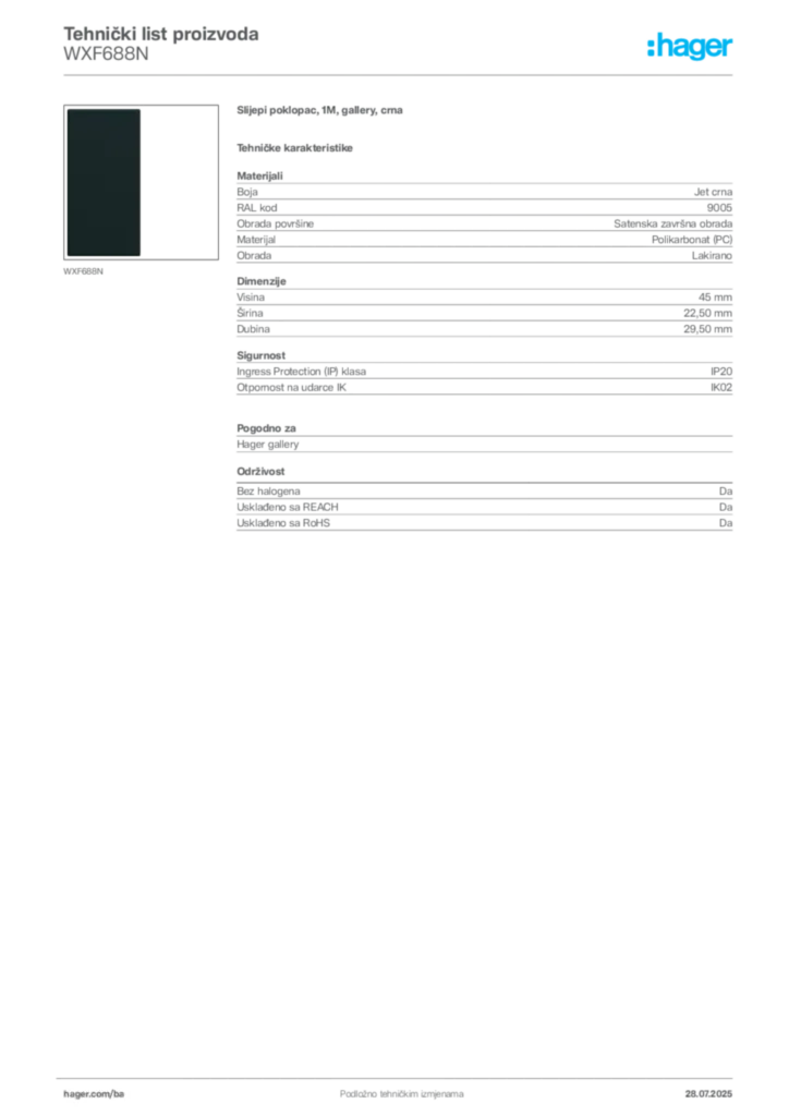 Slika Hager Product data sheet WXF688N  | Hager