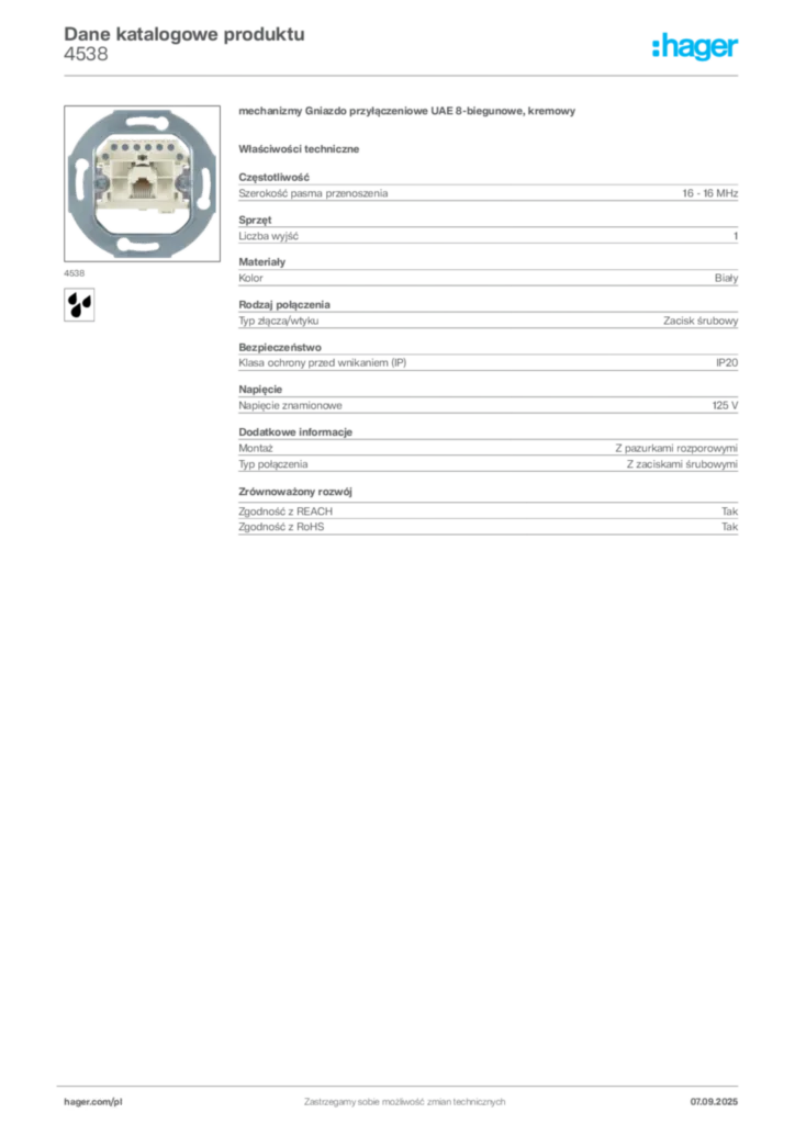 Zdjęcie Hager Dane katalogowe produktu 4538 | Hager Polska