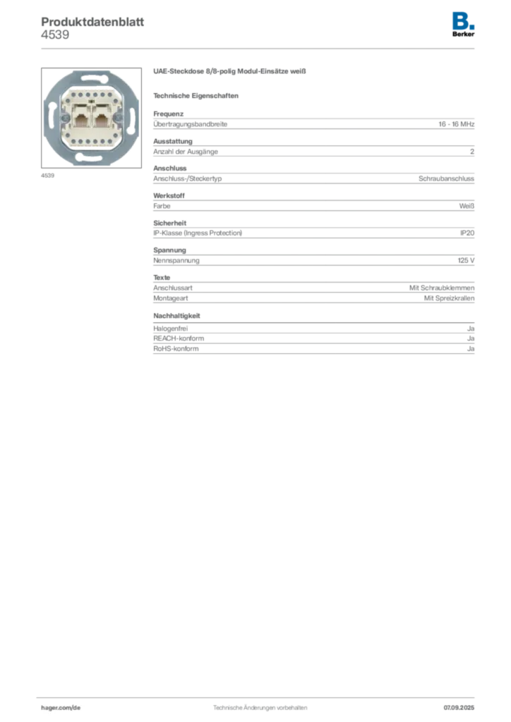 Bild Berker Produktdatenblatt 4539 | Hager Deutschland