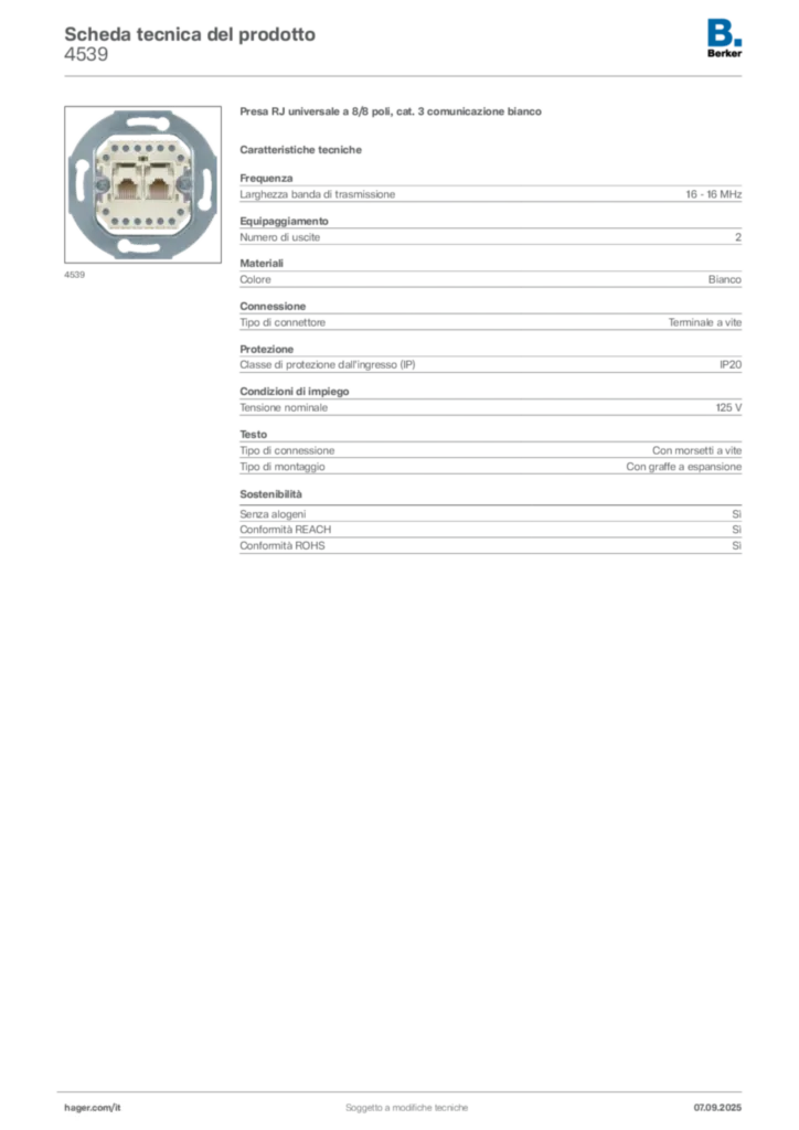 Immagine Berker Scheda tecnica del prodotto 4539 | Hager Italia