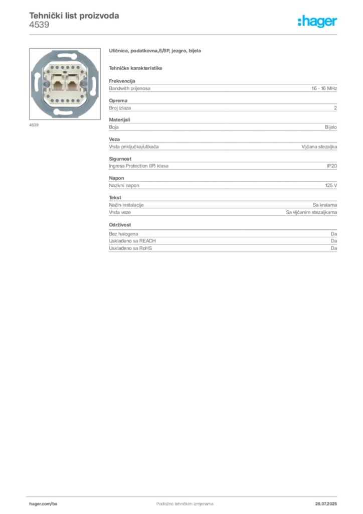 Slika Hager Product data sheet 4539  | Hager